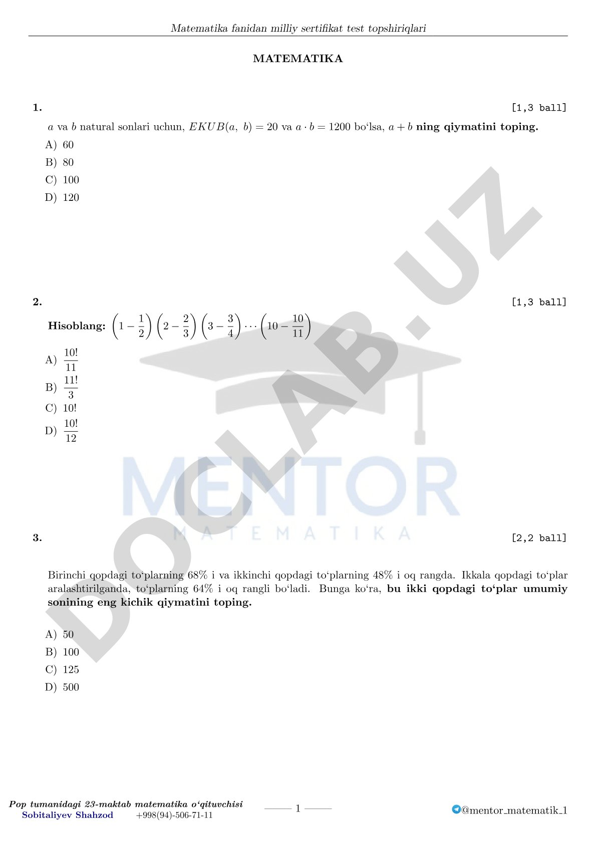 Matematika fanidan milliy sertifikat test topshiriqlari