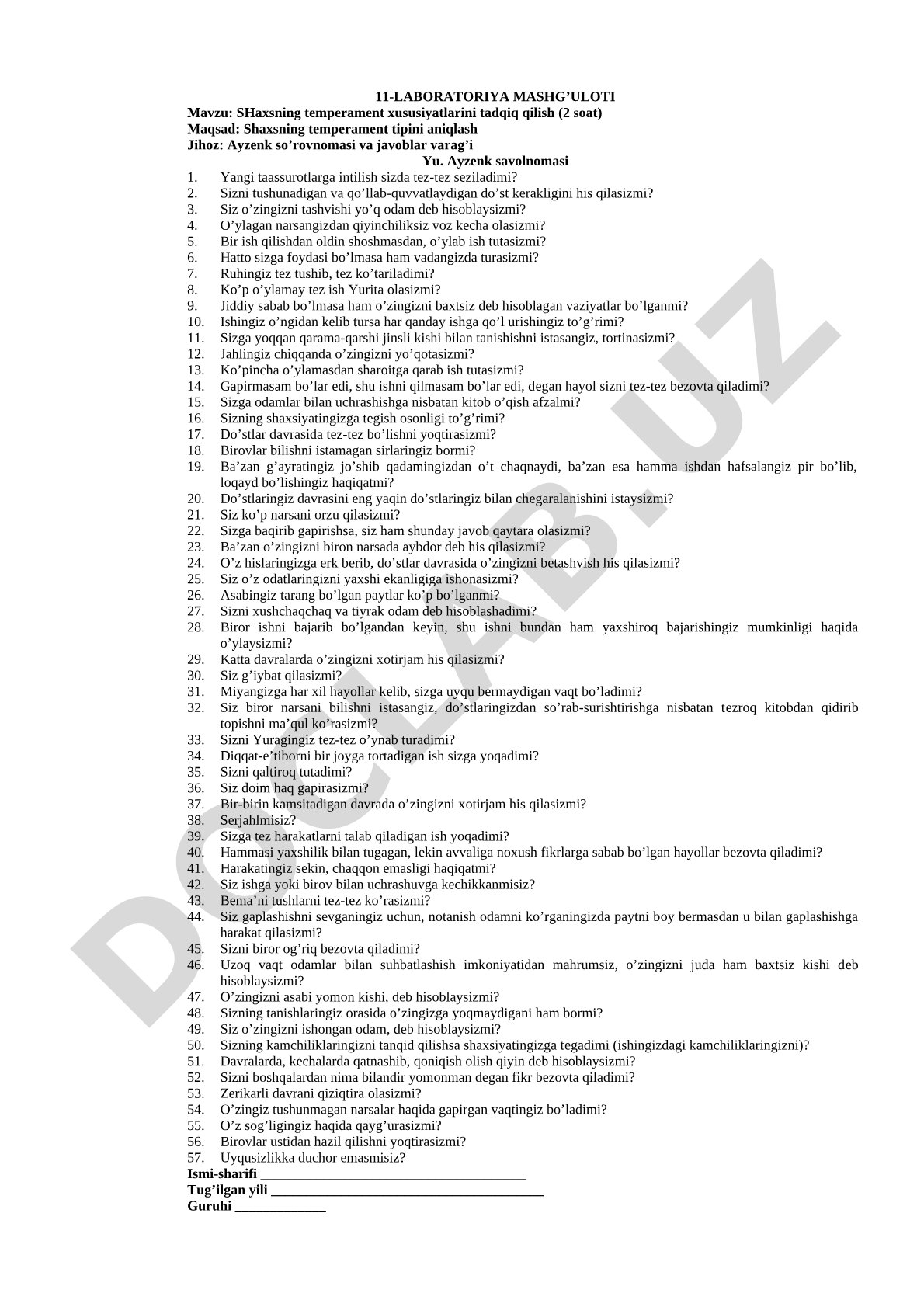 Shaxsning temperament xususiyatlarini tadqiq qilish