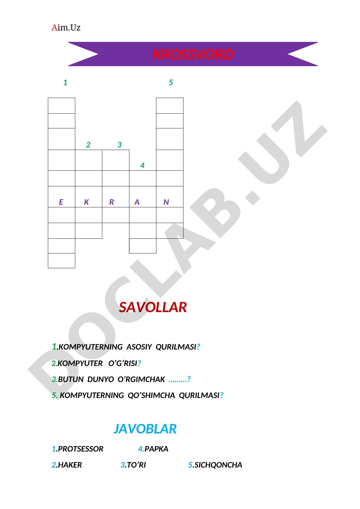 Kompvyuter va informatika krossvordlari