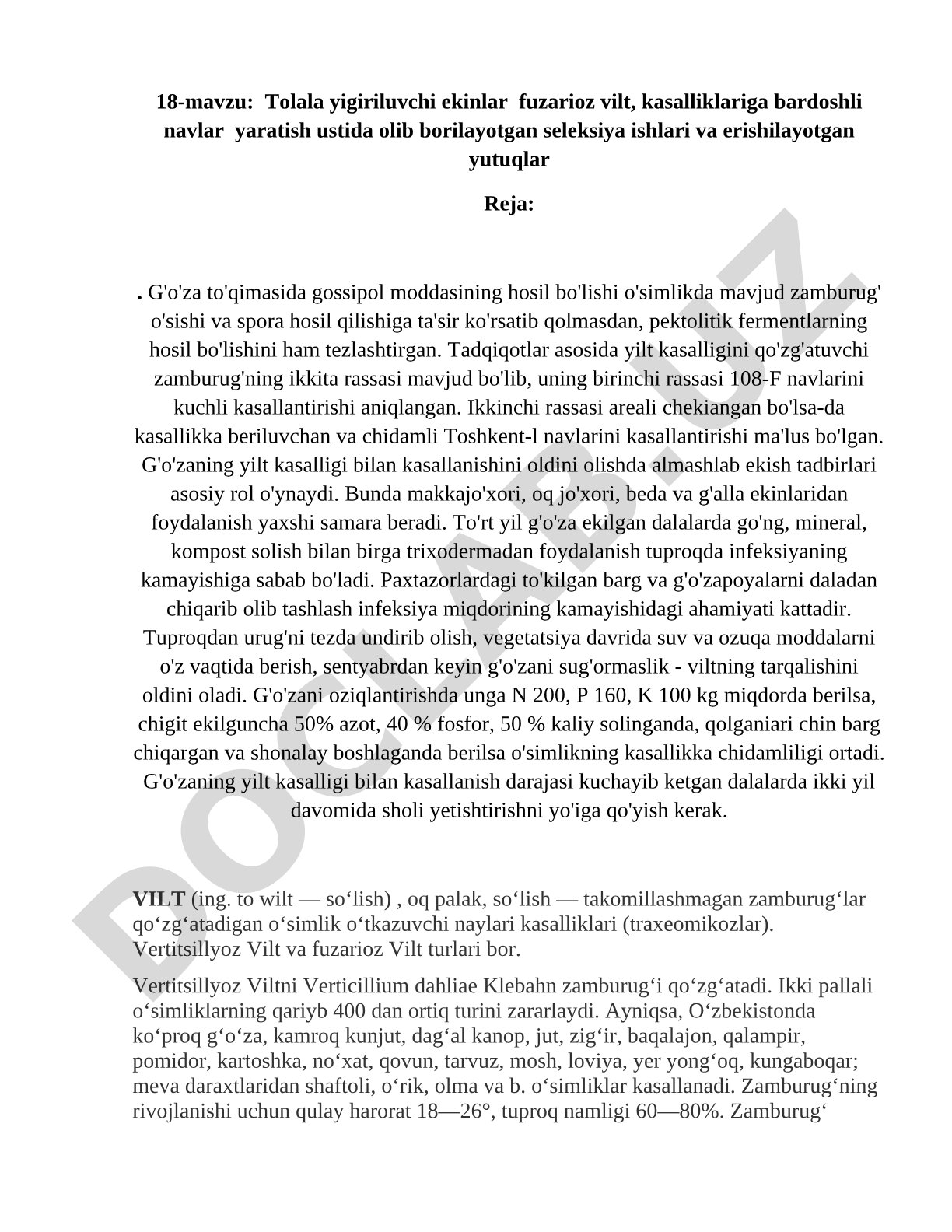 Tolala yigiriluvchi ekinlar fuzarioz vilt kasalliklariga bardoshli navlar yaratish seleksiya ishlari va erishilayotgan yutuqlar