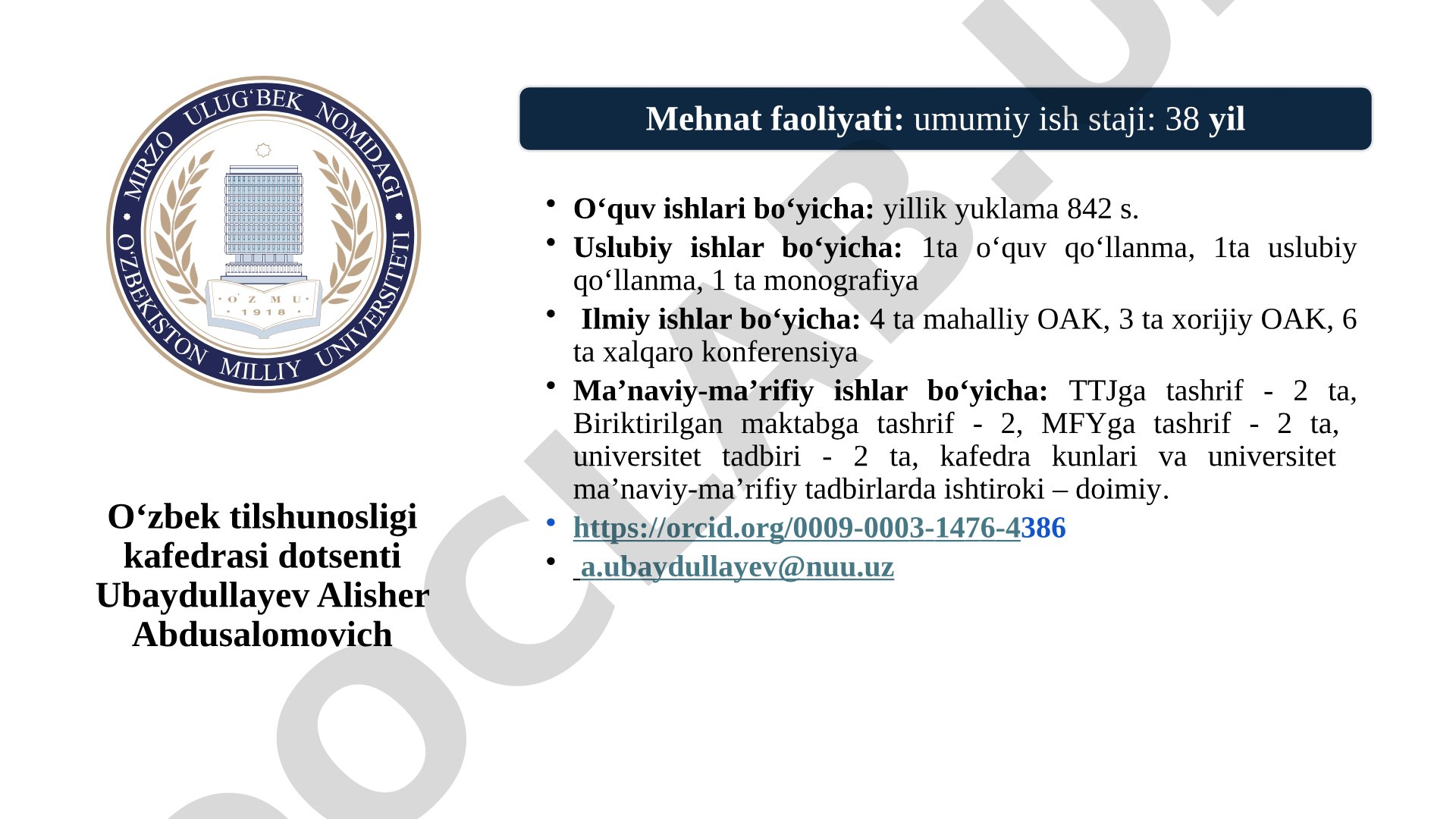 O‘zbek tilshunosligi kafedrasi dotsenti Ubaydullayev Alisher Abdosalomovich