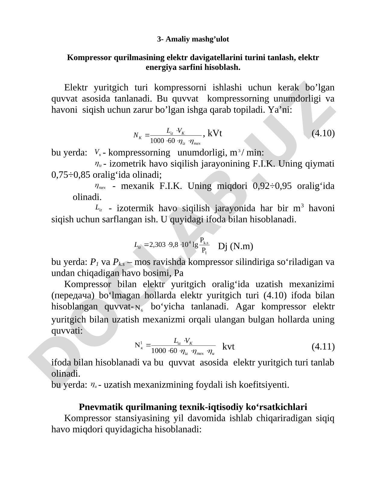 Kompressor qurilmasining elektr dvigatellarini turini tanlash, elektr energiya sarfini hisoblash
