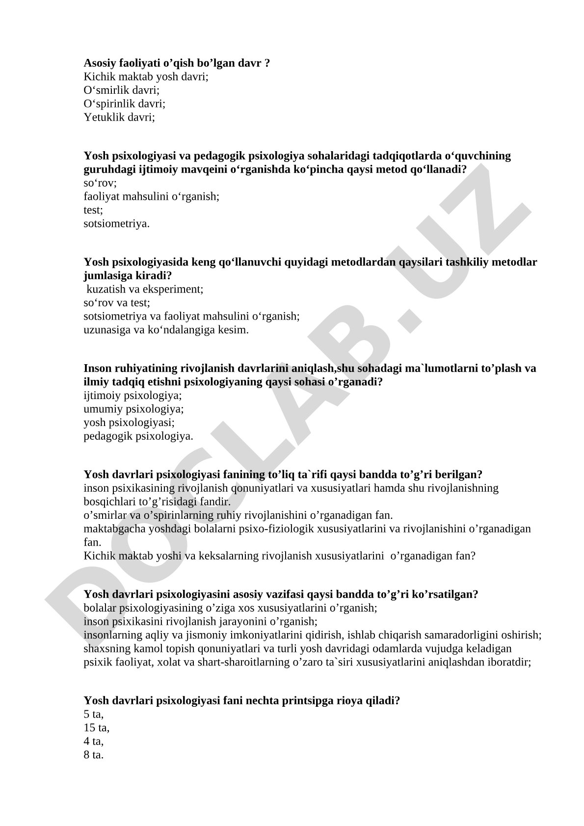 Yosh psixologiyasi va pedagogik psixologiya test savollari