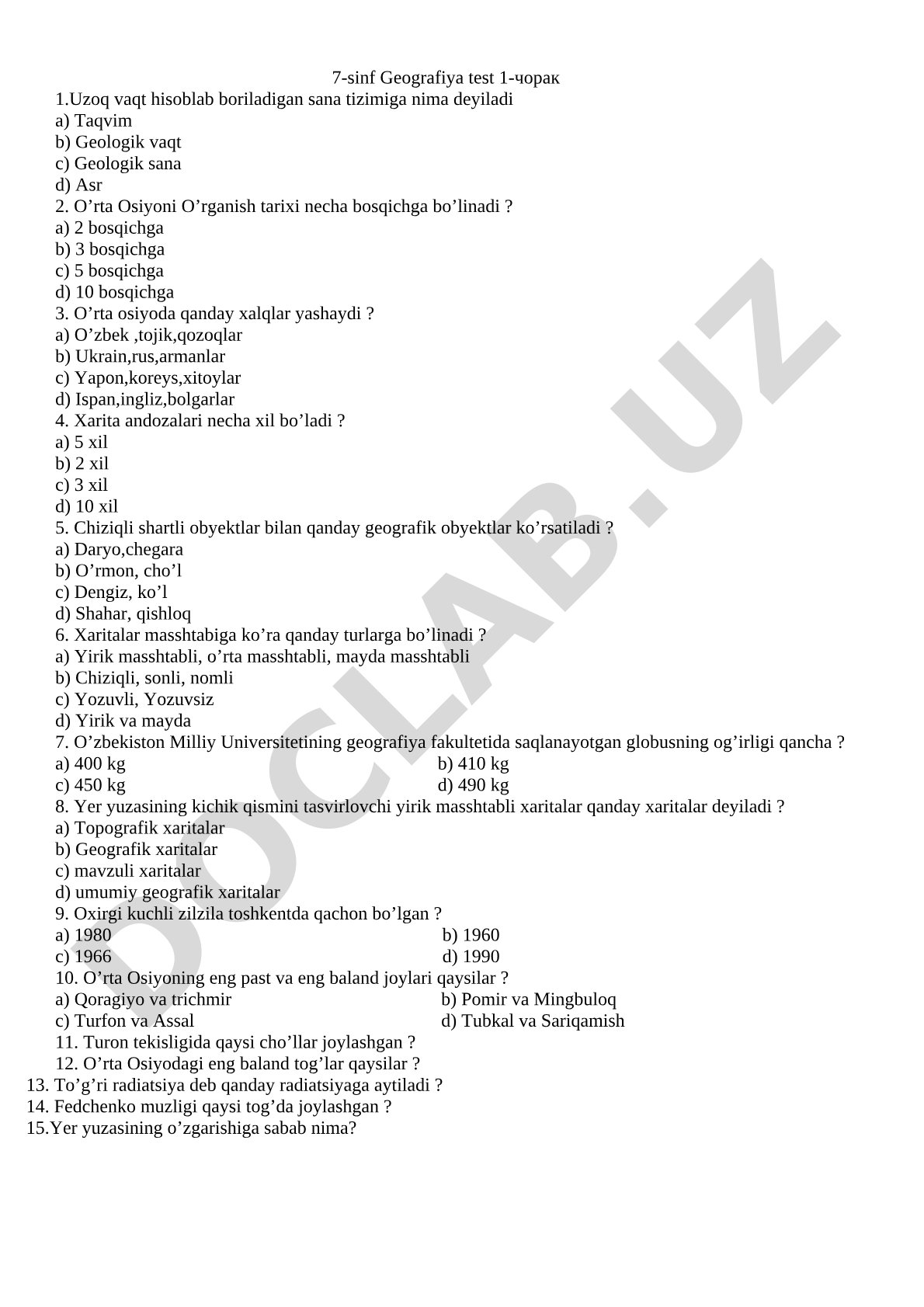 7-sinf Geografiya test 1-chorak