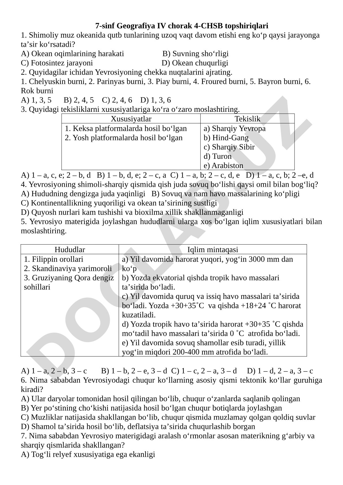 7-sinf Geografiya IV chorak 4-CHSB topshiriqlari