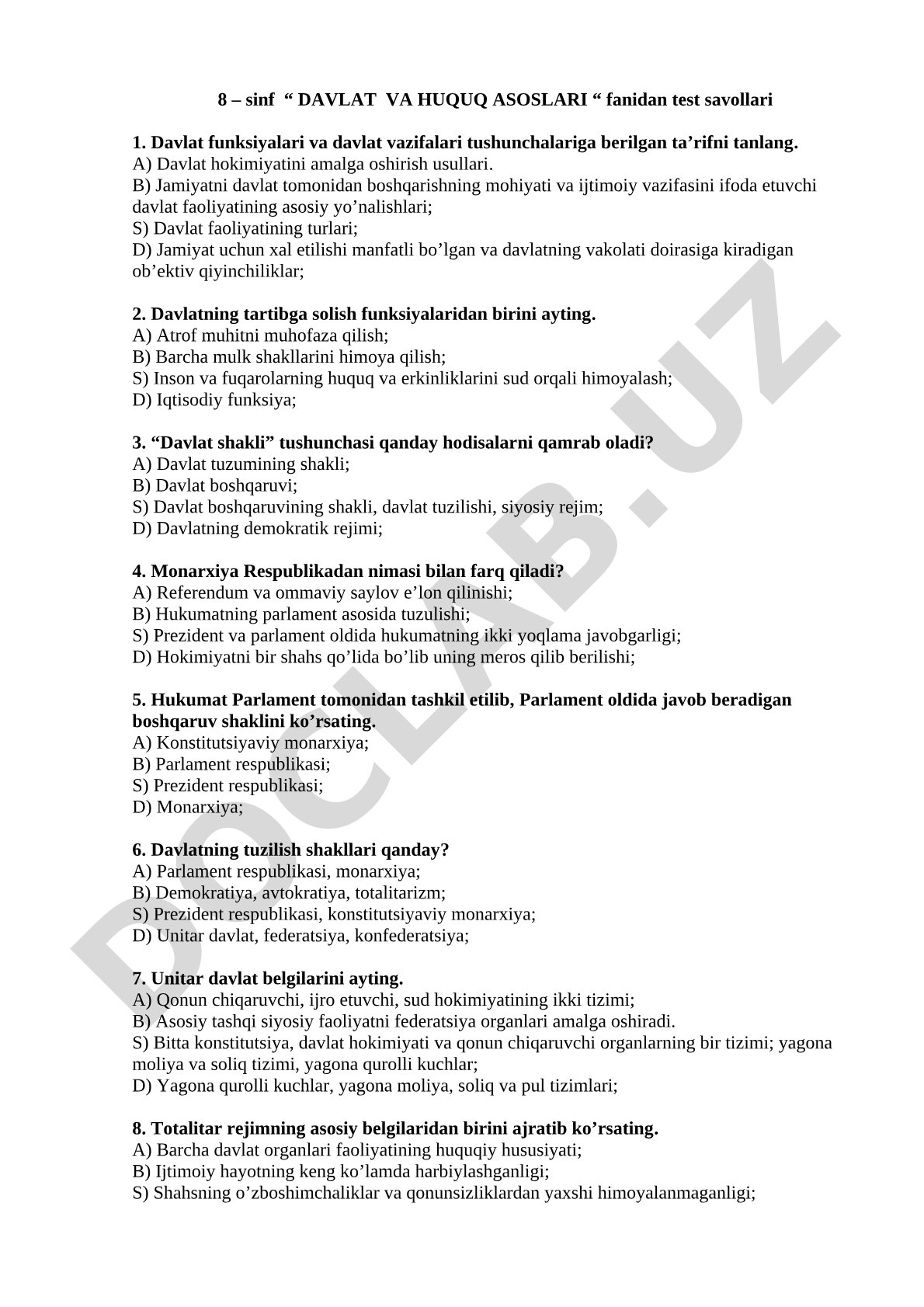 8-sinf Davlat va huquq asoslari fanidan test savollari