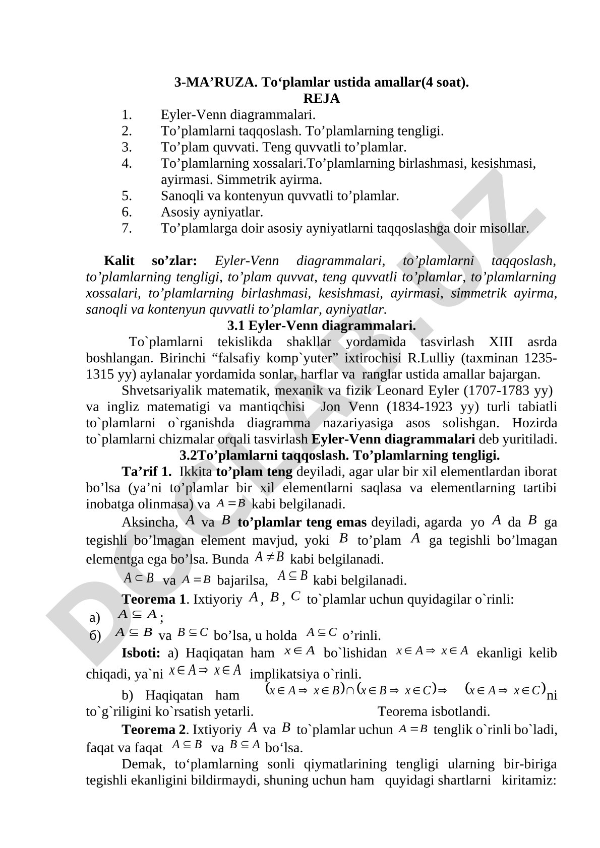 To‘plamlar ustida amallar, Eyler-Venn diagrammalari va to‘plam xossalari bayon etilgan