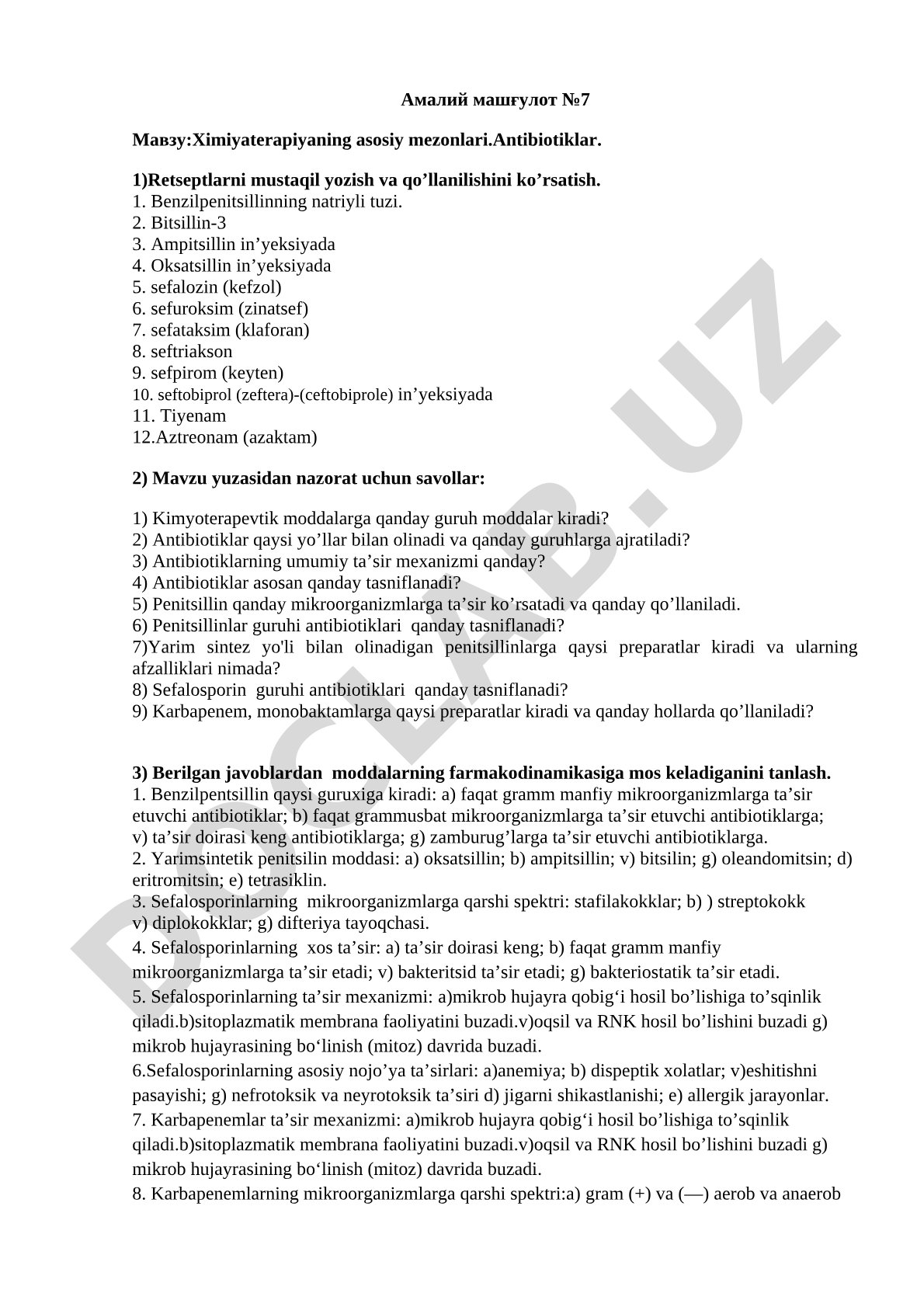 Ximiyaterapiyaning asosiy mezonlari. Antibiotiklar