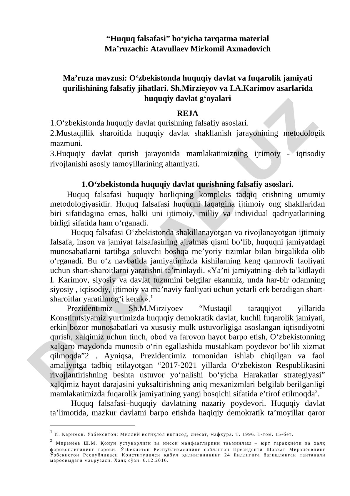 O‘zbekistonda huquqiy davlat va fuqarolik jamiyati qurilishining falsafiy jihatlari