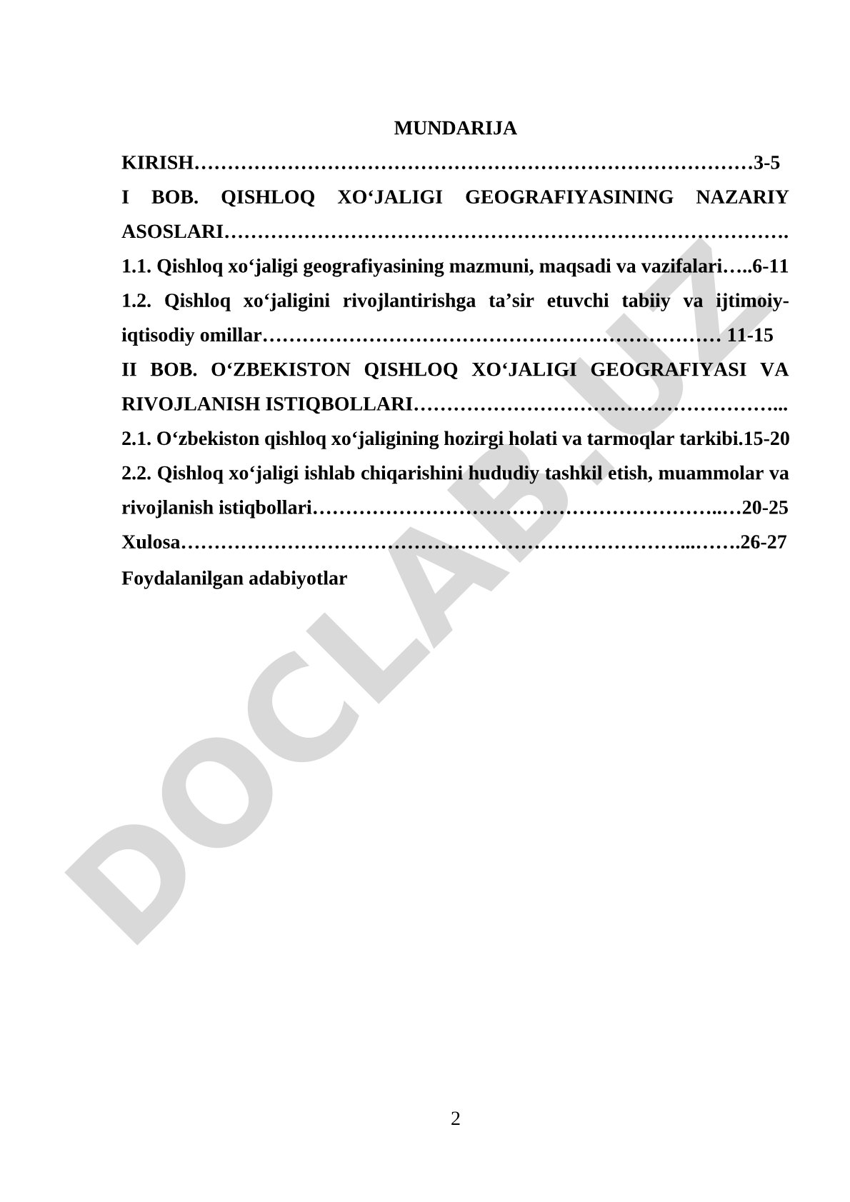 Qishloq xo‘jaligi geografiyasi bo‘yicha kurs ishi: nazariy asoslar, O‘zbekiston misolida