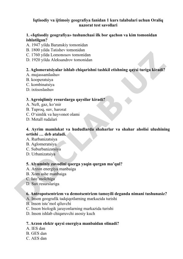 Iqtisodiy va ijtimoiy geografiya fanidan oralig nazorat test savollari