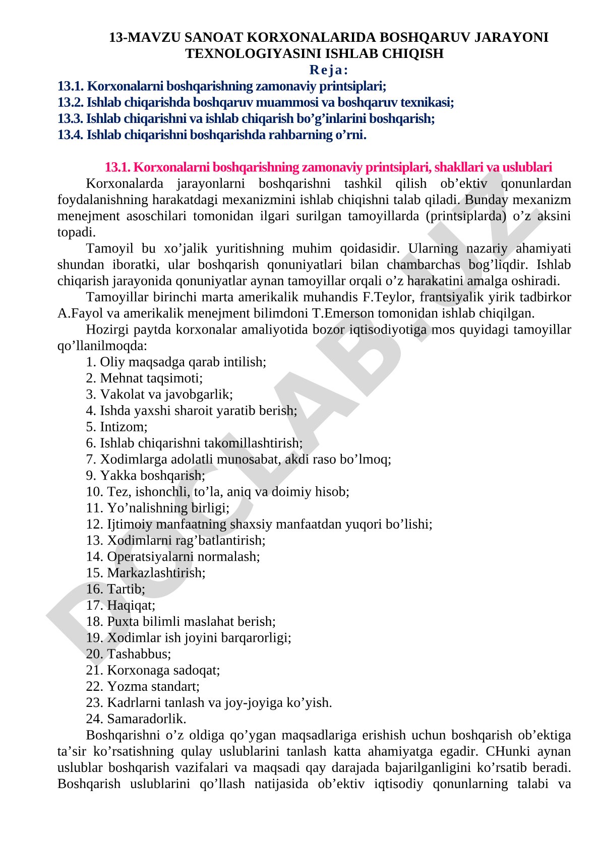 Sanoat korxonalarida boshqaruv jarayoni texnologiyasini ishlab chiqish
