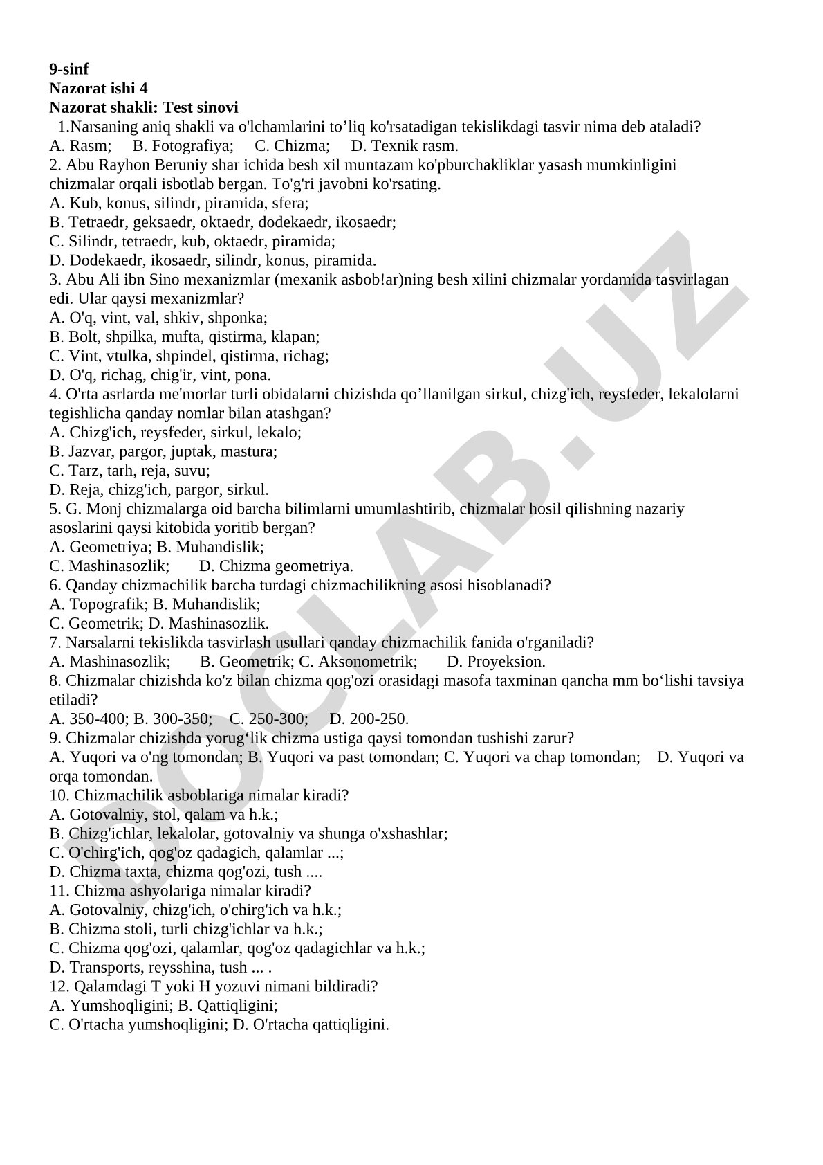 9-sinf Nazorat ishi 4 Test sinovi
