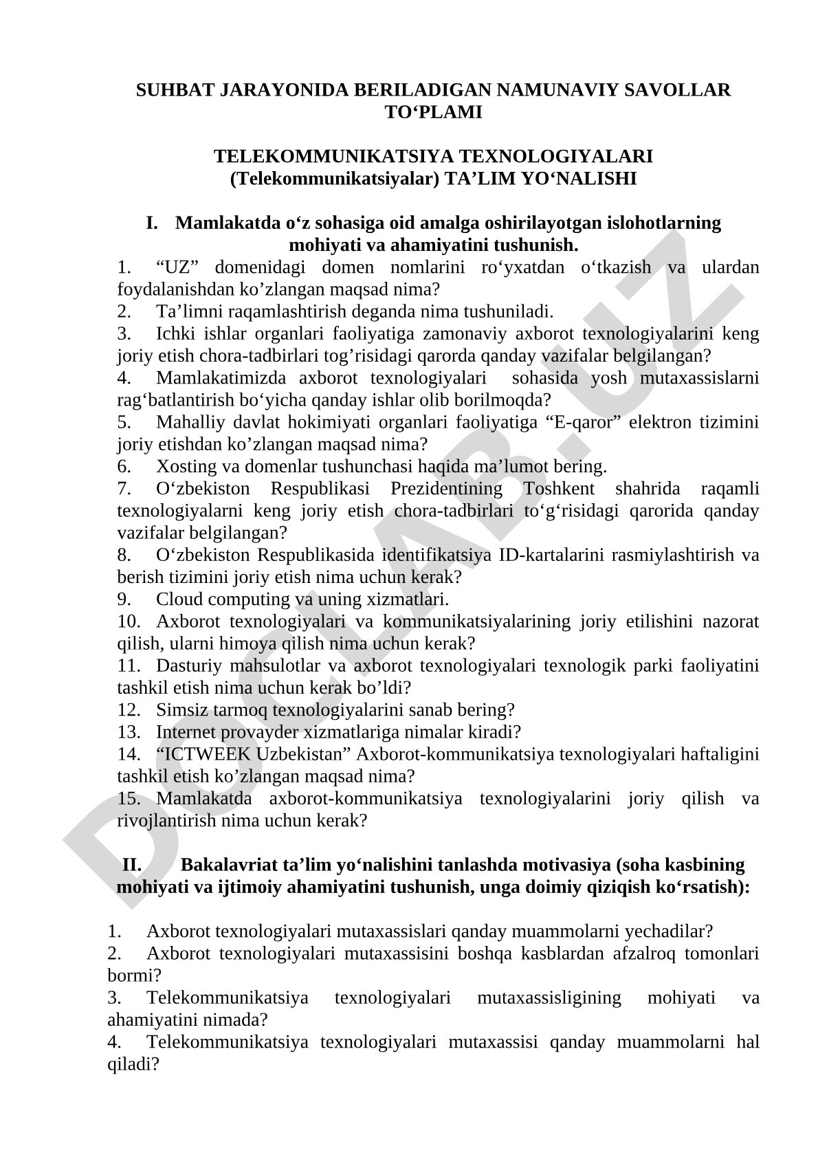 Telekommunikatsiya texnologiyalari yo'nalishida suhbat savollari