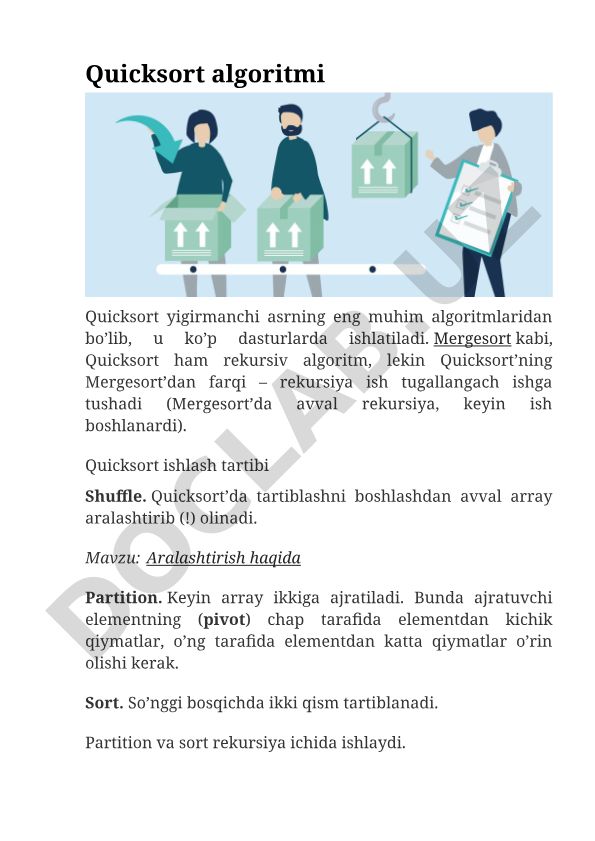 Quicksort algoritmi va uning ishlash tartibi