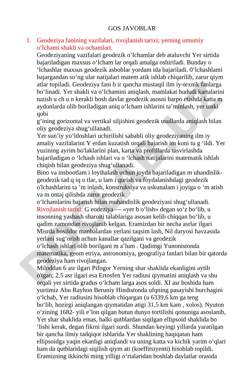 Geodeziya fanining vazifalari, rivojlanish tarixi; yerning umumiy o’lchami shakli va ochamlari