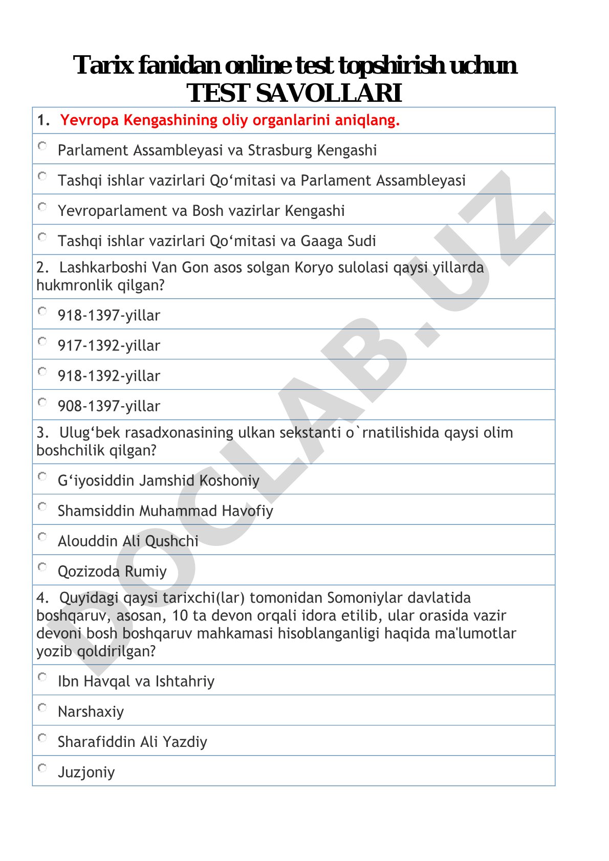 Tarix fanidan online test savollari