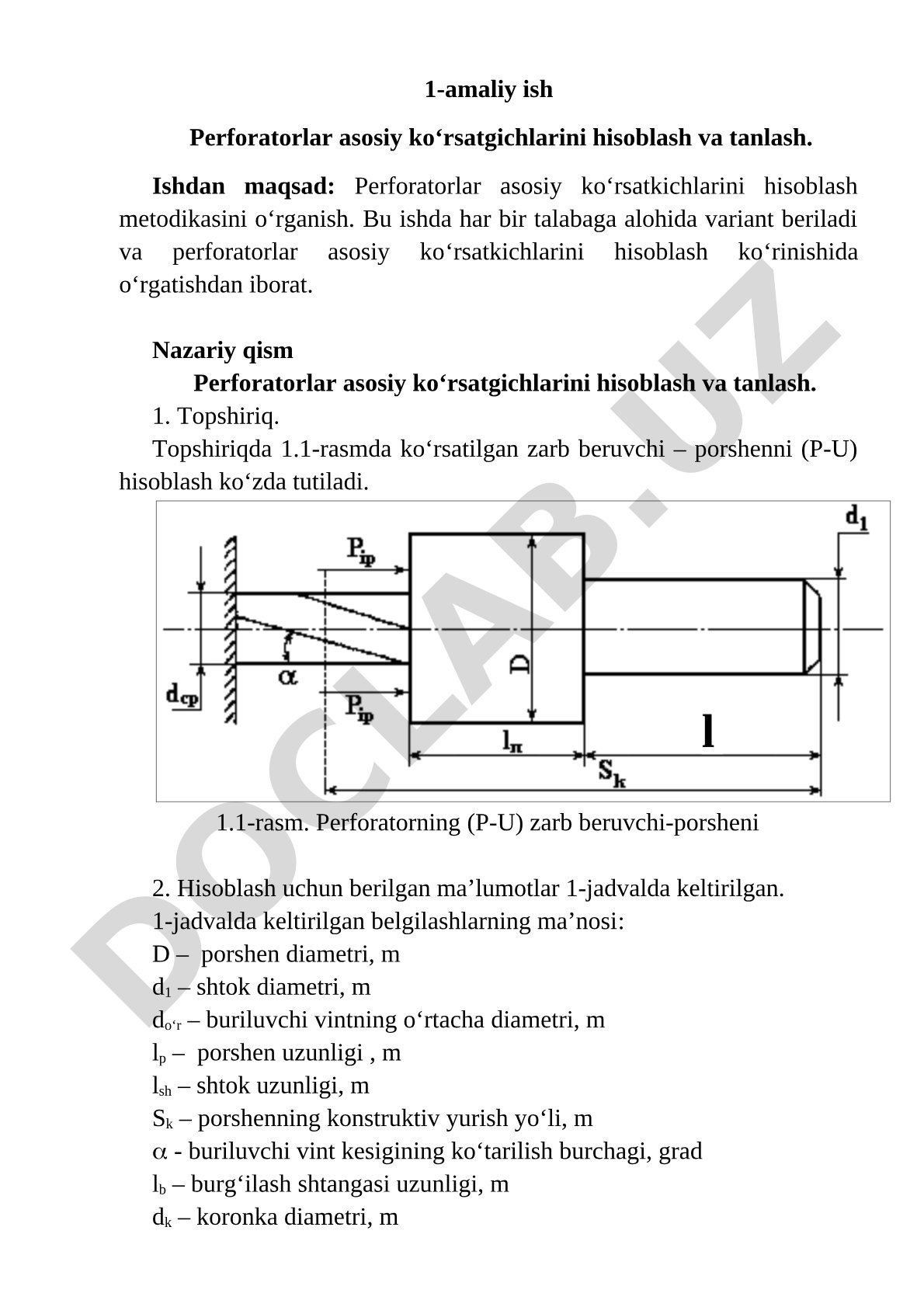 Perforatorlar asosiy ko‘rsatgichlarini hisoblash va tanlash
