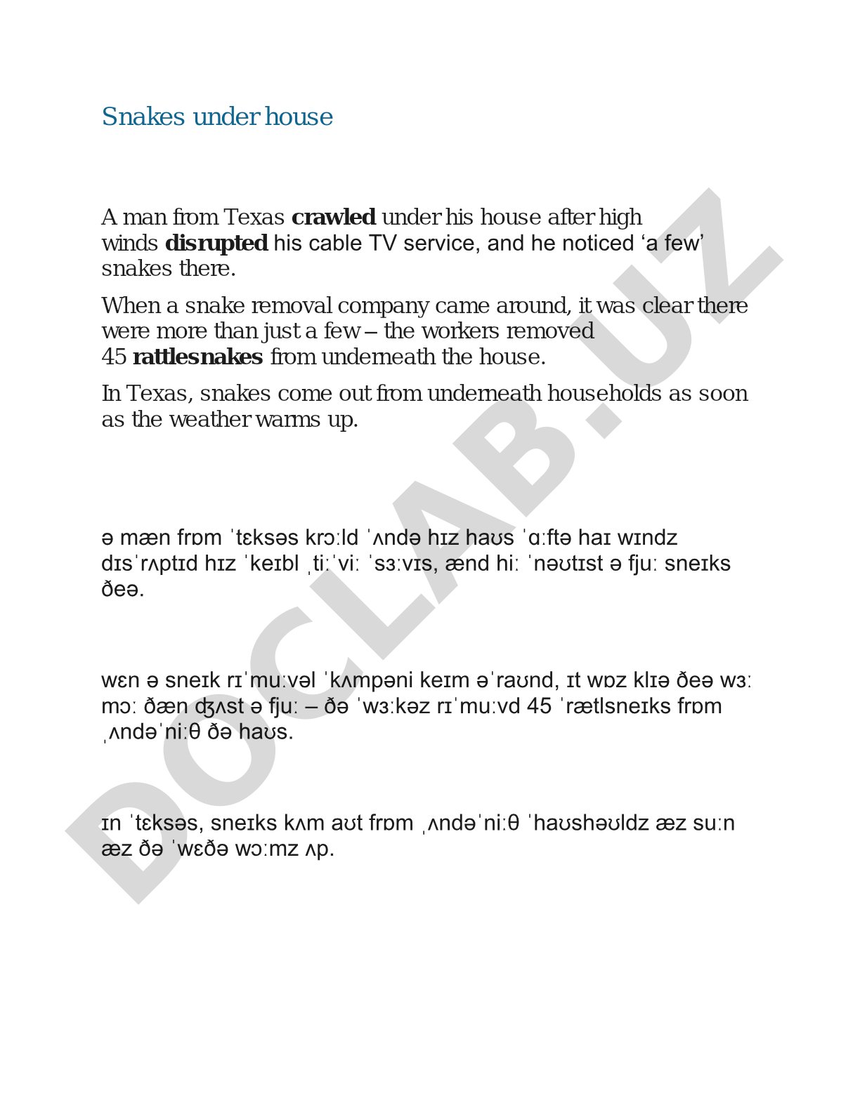 News article about 45 rattlesnakes found under a Texas house, with phonetic analysis