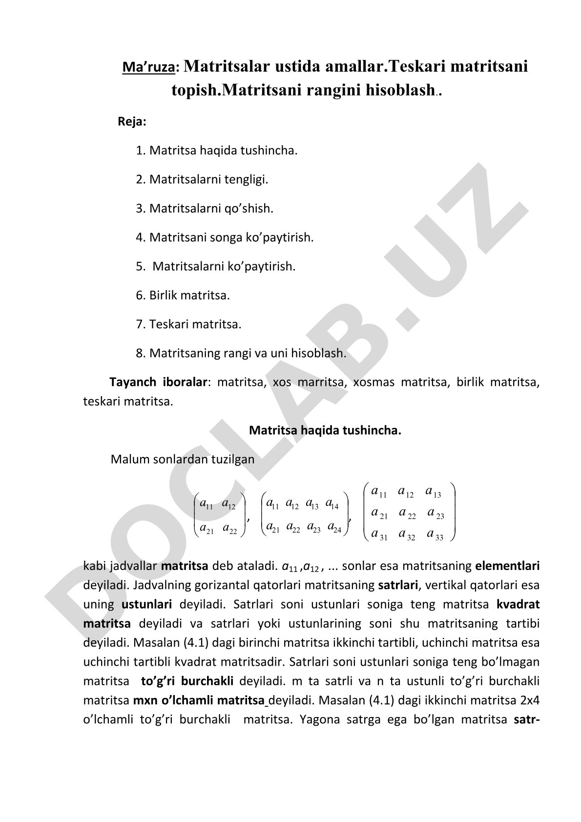 Matritsalar ustida amallar, teskari matritsani topish, matritsani rangini hisoblash