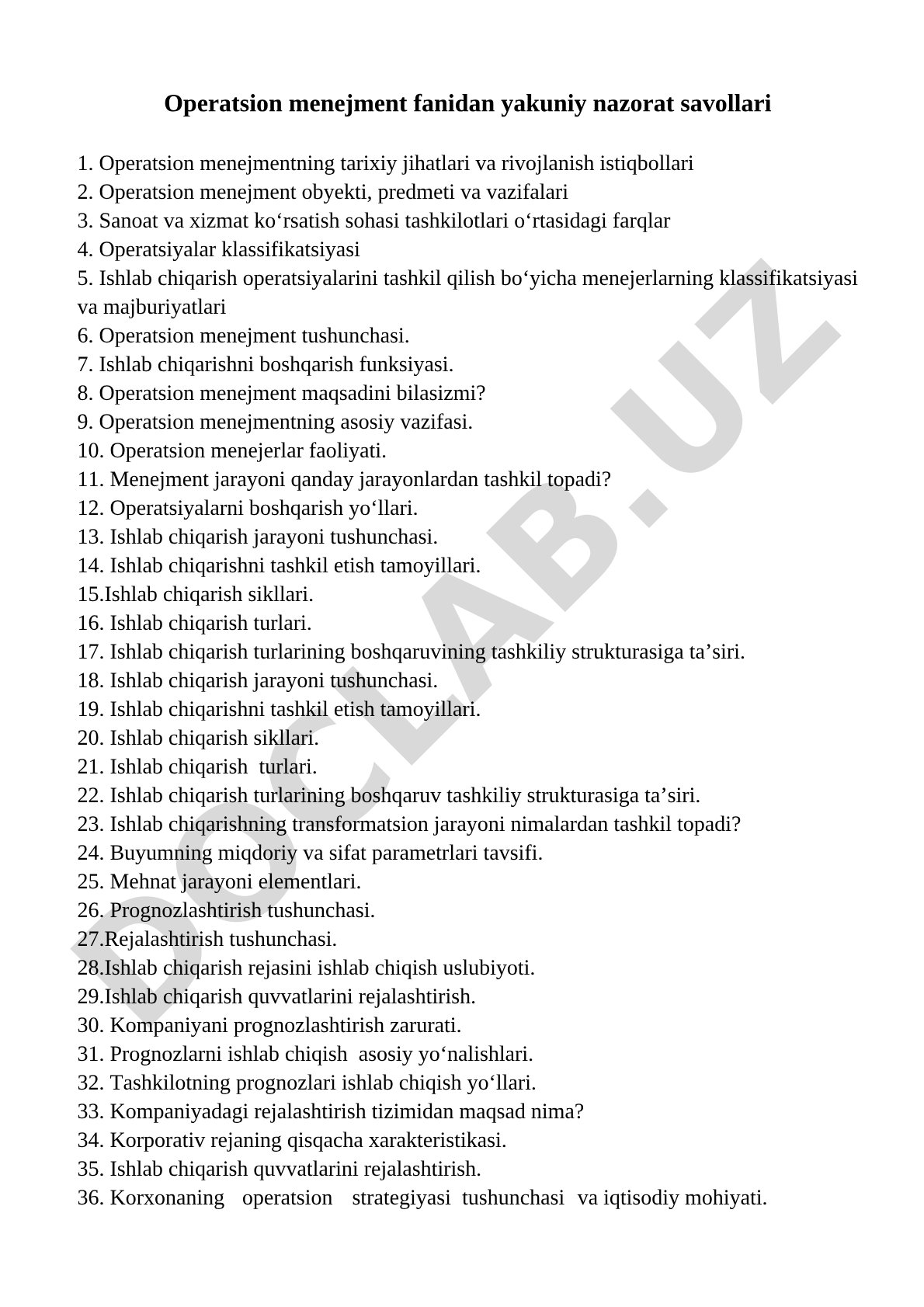 Operatsion menejment fanidan yakuniy nazorat savollari
