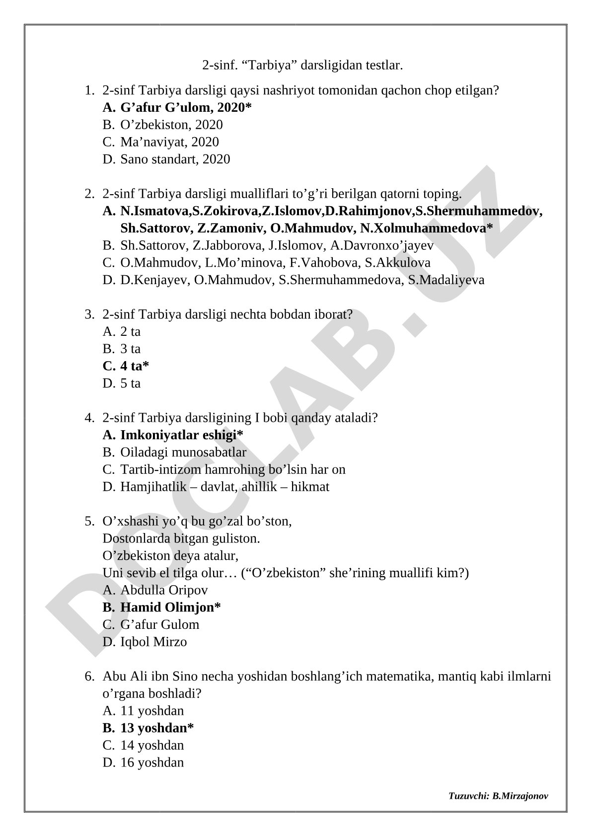 2-sinf Tarbiya darsligidan testlar