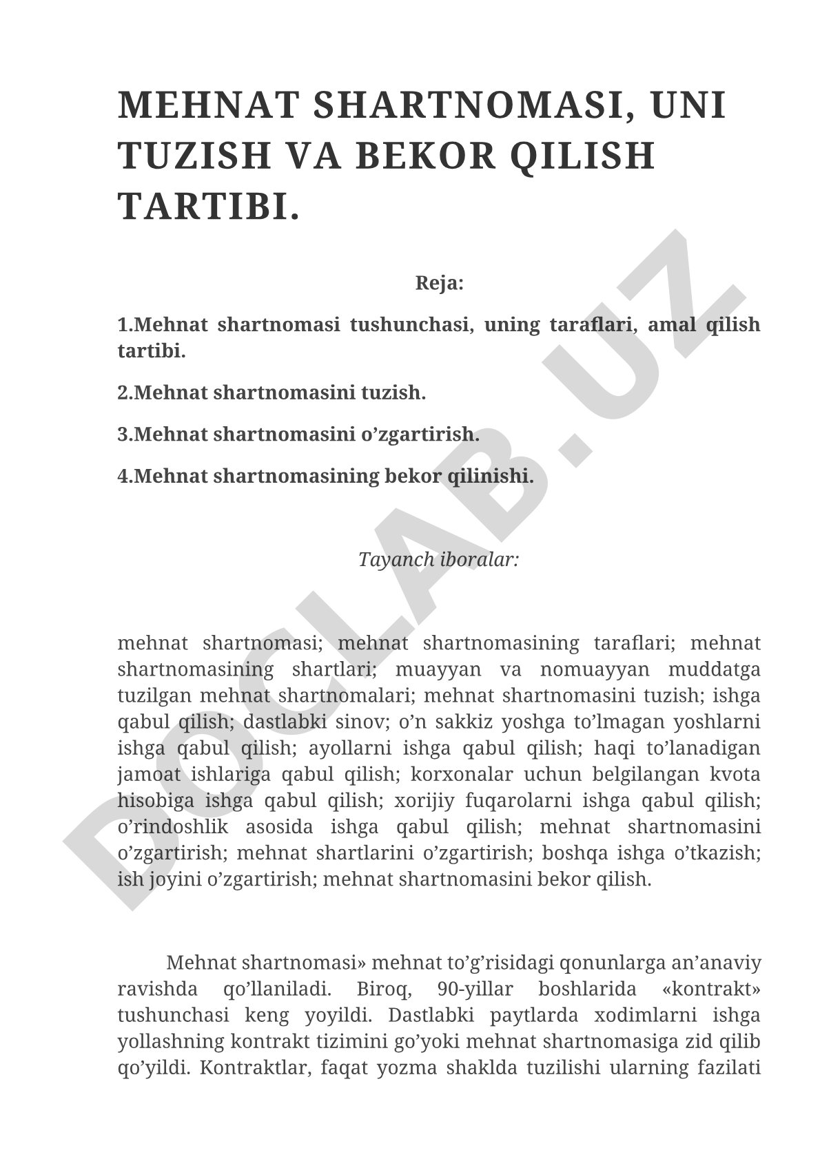 Mehnat shartnomasi, uni tuzish va bekor qilish tartibi