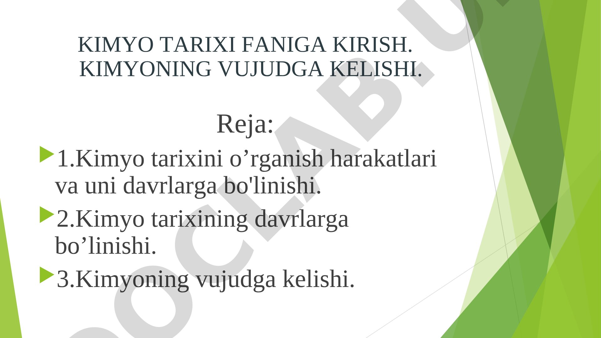 KIMYO TARIXI FANIGA KIRISH. KIMYONING VUJUDGA KELISHI.