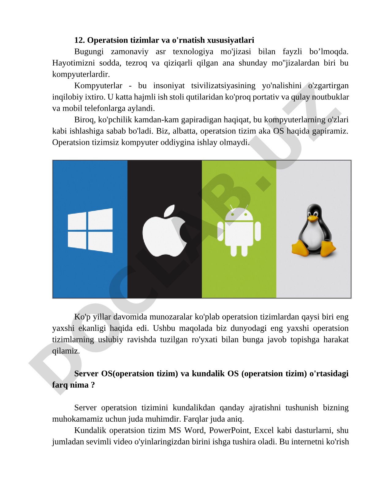 Operatsion tizimlar va o'rnatish xususiyatlari
