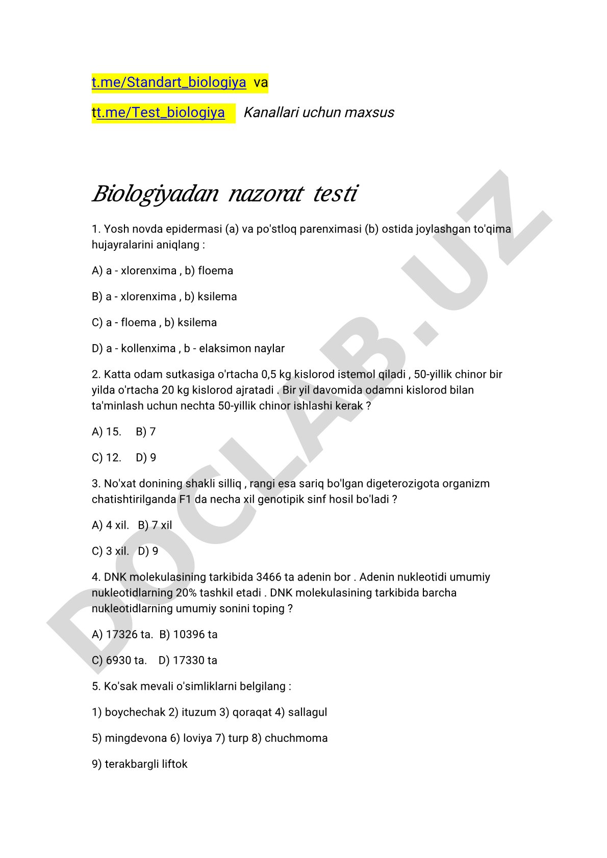 Biologiyadan nazorat testi