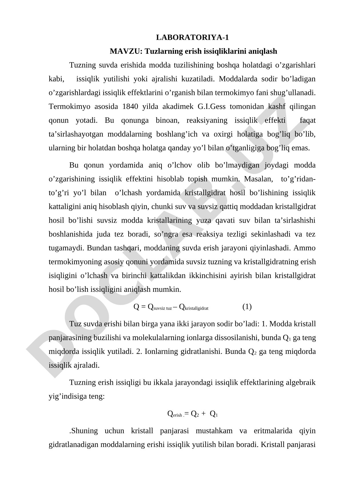 Tuzlarning erish issiqliklarini aniqlash