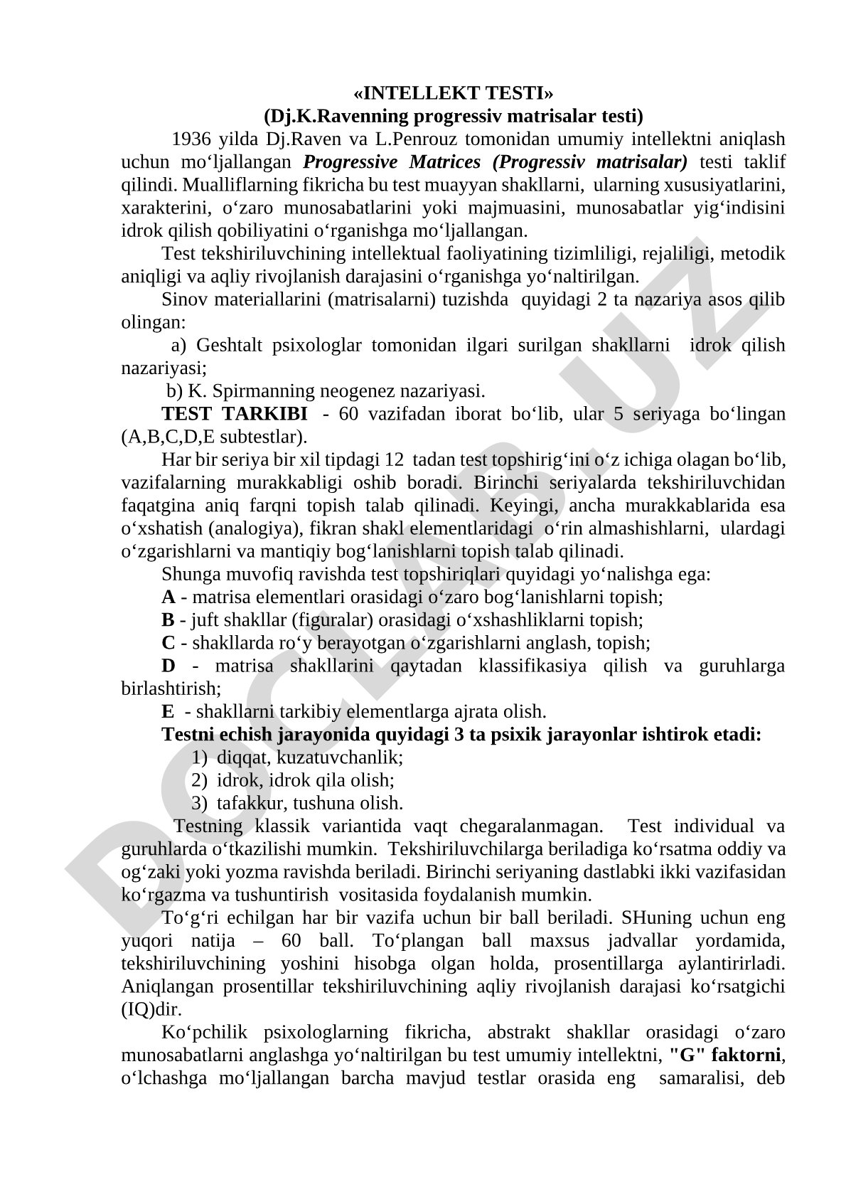 Intellekt testi (Dj.K.Ravenning progressiv matrisalar testi)