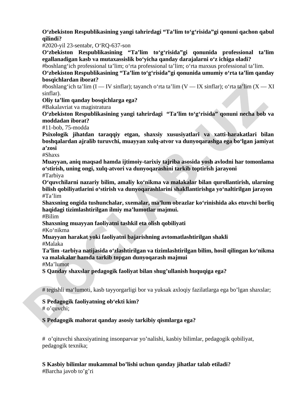 Ta’lim to‘g‘risidagi qonun bo‘yicha savol-javoblar