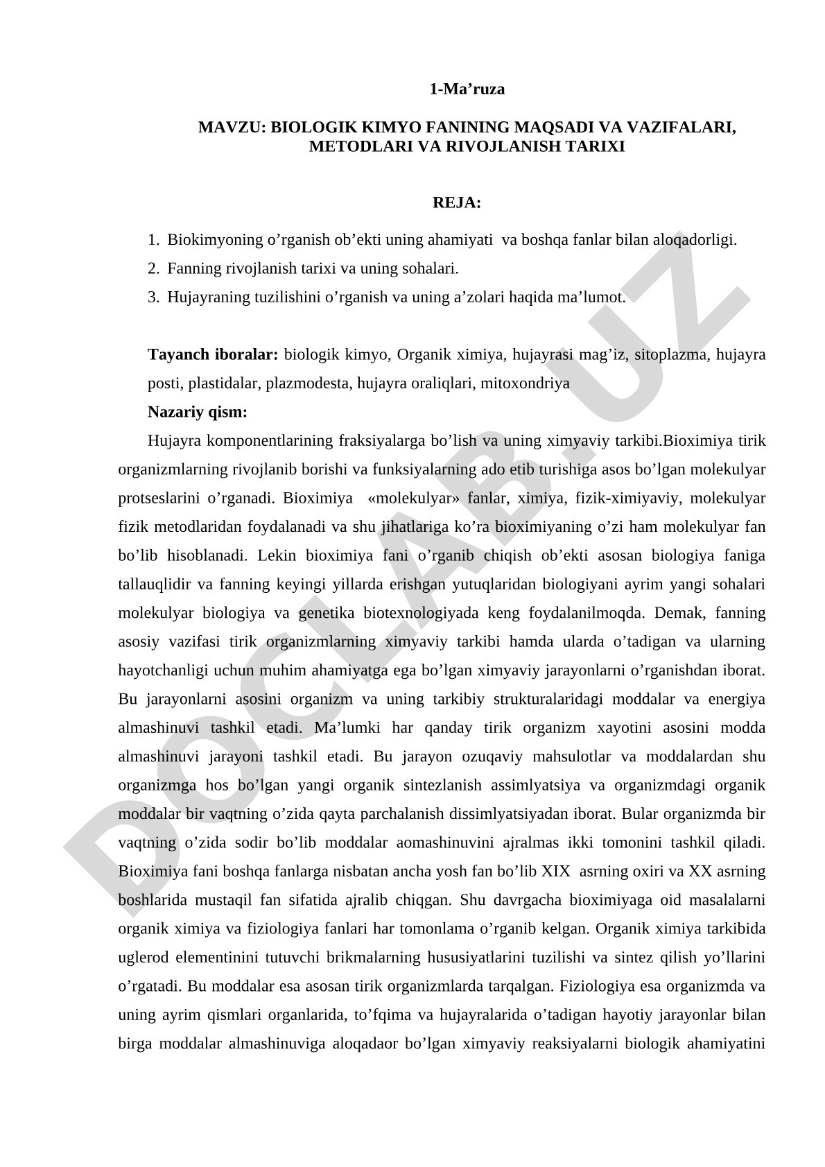 Biologik kimyo fanining maqsadi va vazifalari, metodlari va rivojlanish tarixi