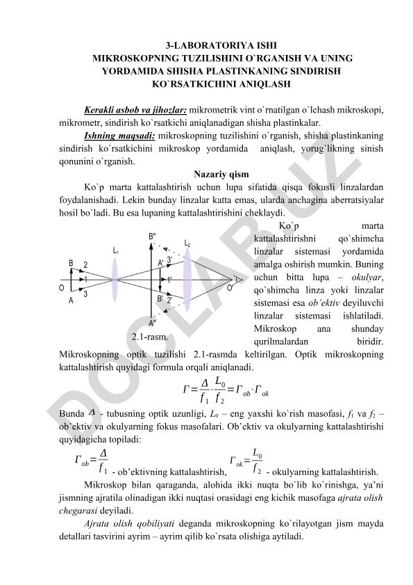 Mikroskopning tuzilishi va shisha plastinkaning sindirish ko'rsatkichini aniqlash