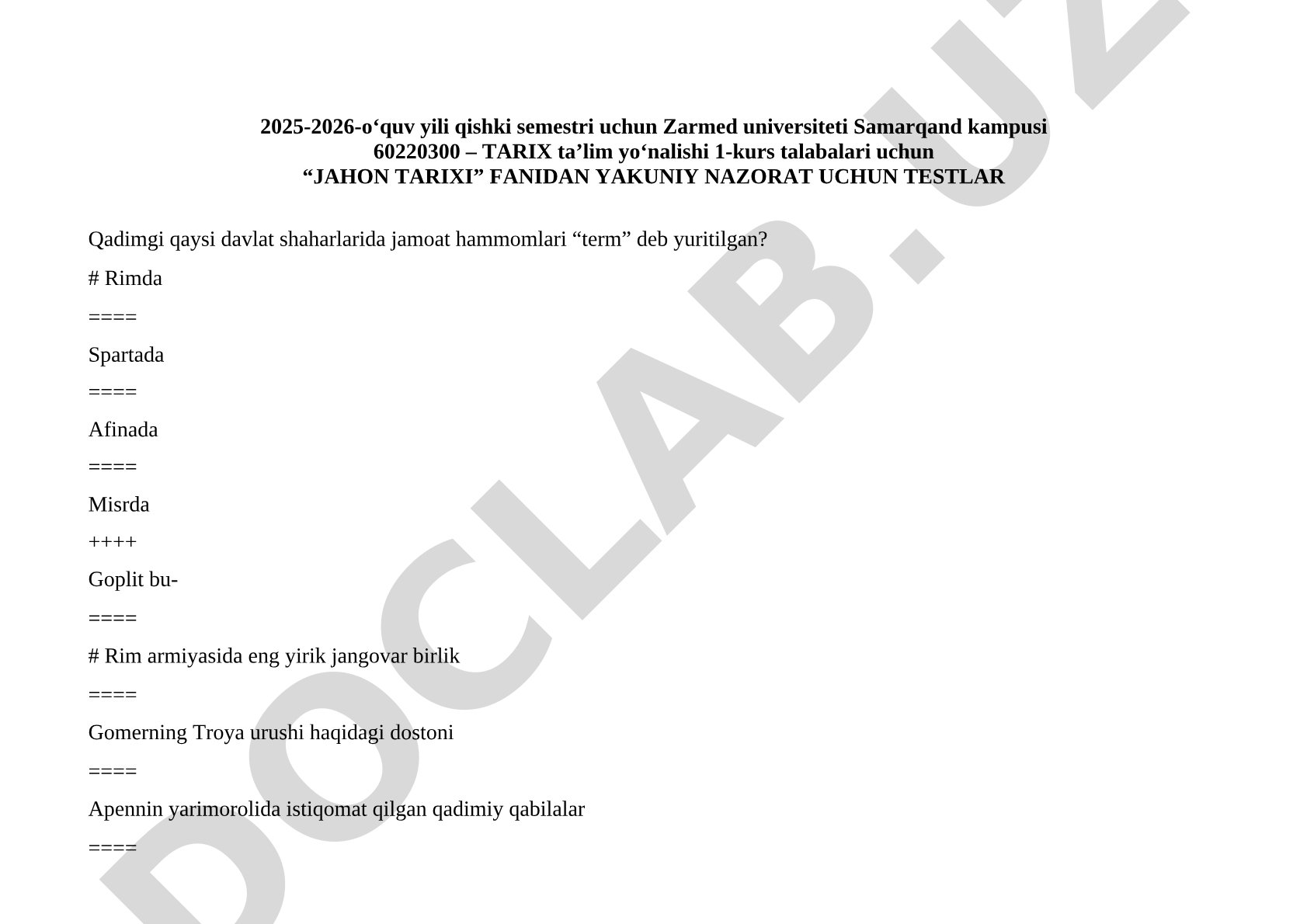Jahon tarixi fanidan yakuniy nazorat uchun testlar