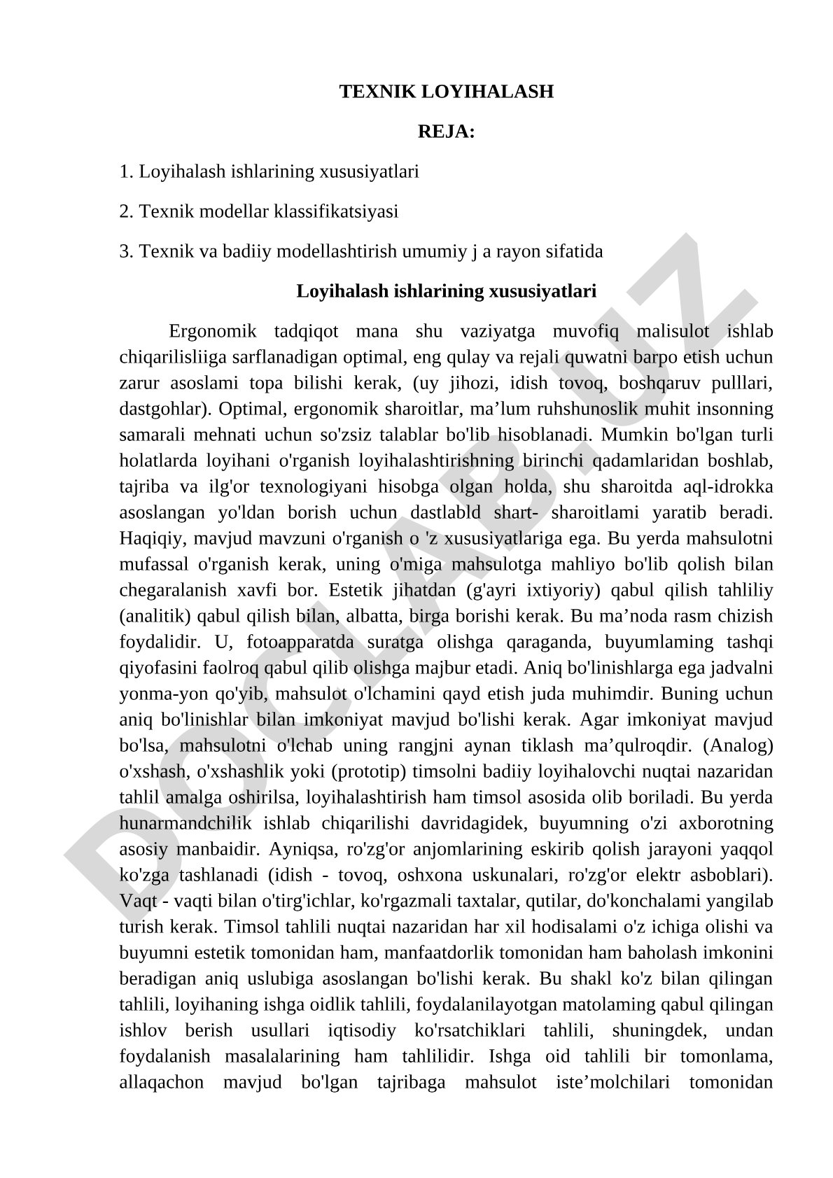 Texnik loyihalash: loyihalash xususiyatlari, modellar tasnifi, texnik va badiiy