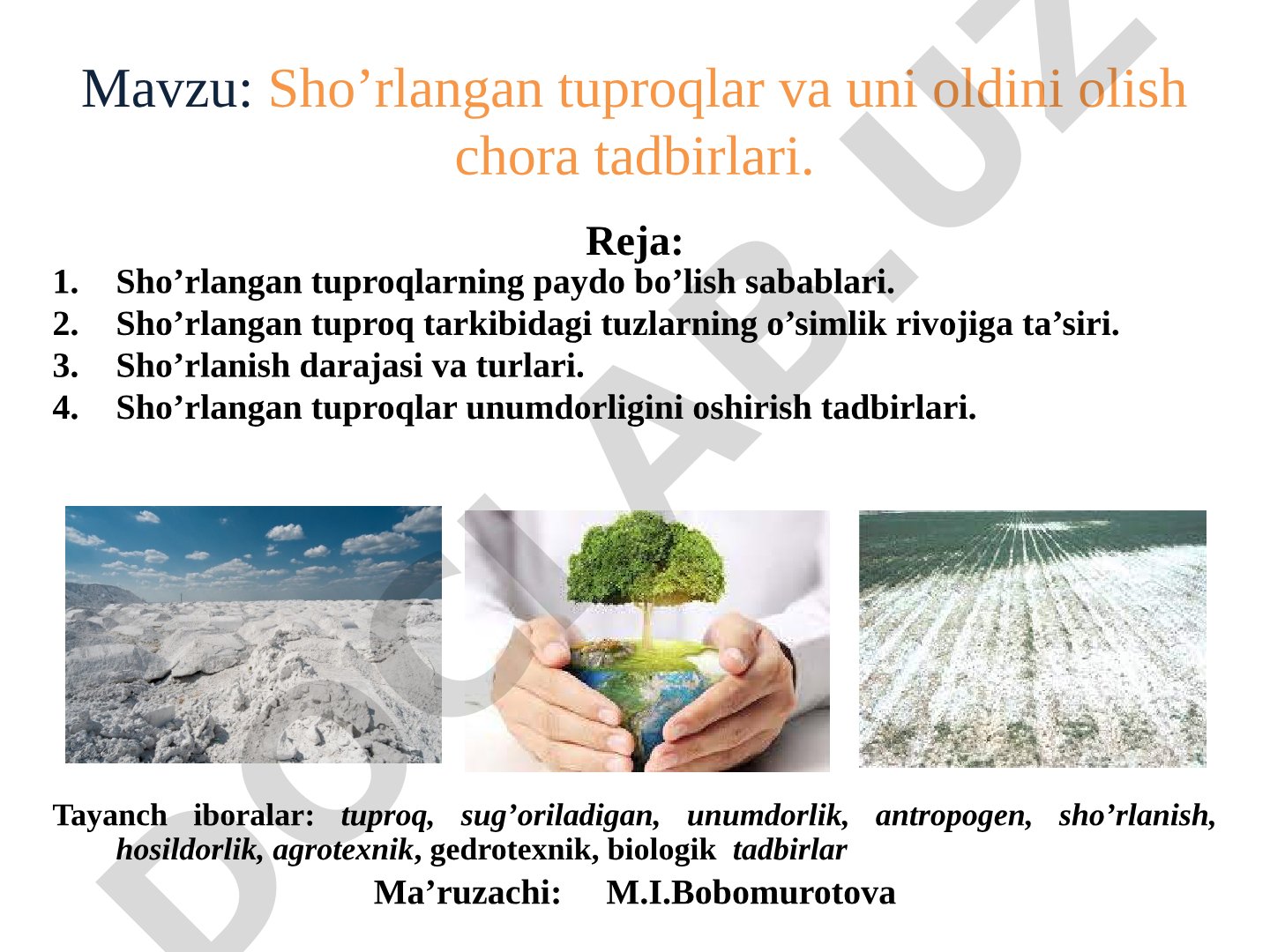 Sho’rlangan tuproqlar va uni oldini olish chora tadbirlari