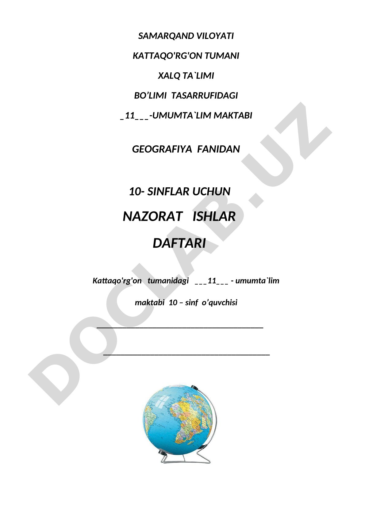 Geografiya fanidan 10-sinflar uchun nazorat ishlar daftari