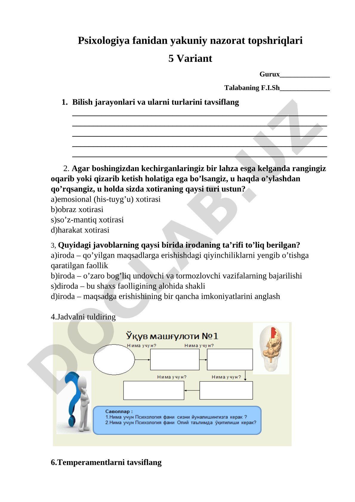 Psixologiya fanidan yakuniy nazorat topshriqlari 5 Variant
