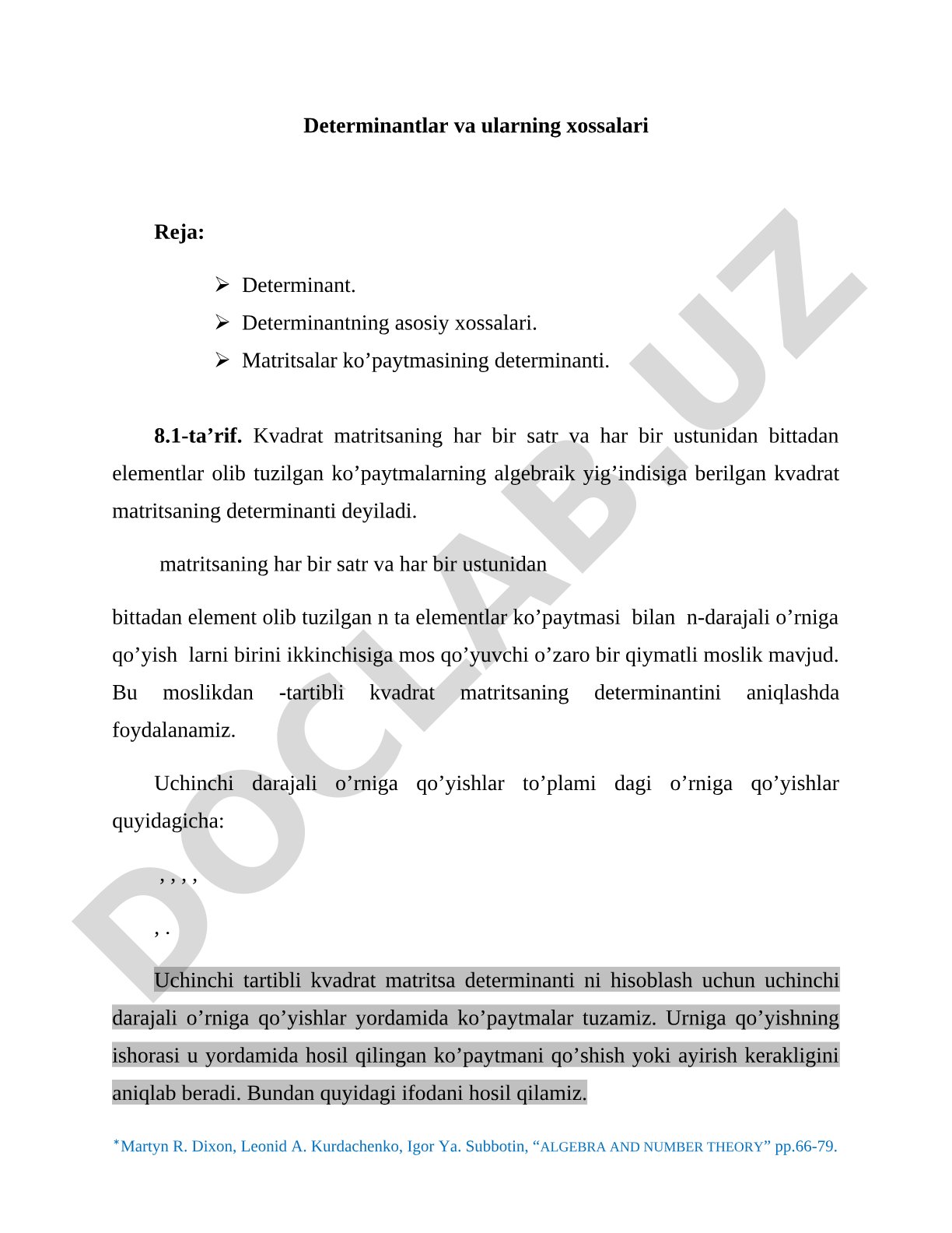 Determinantlar va ularning xossalari