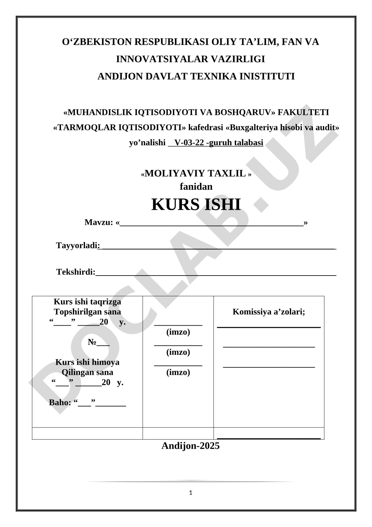 Moliyaviy tahlil fanidan kurs ishi yuzi namuna