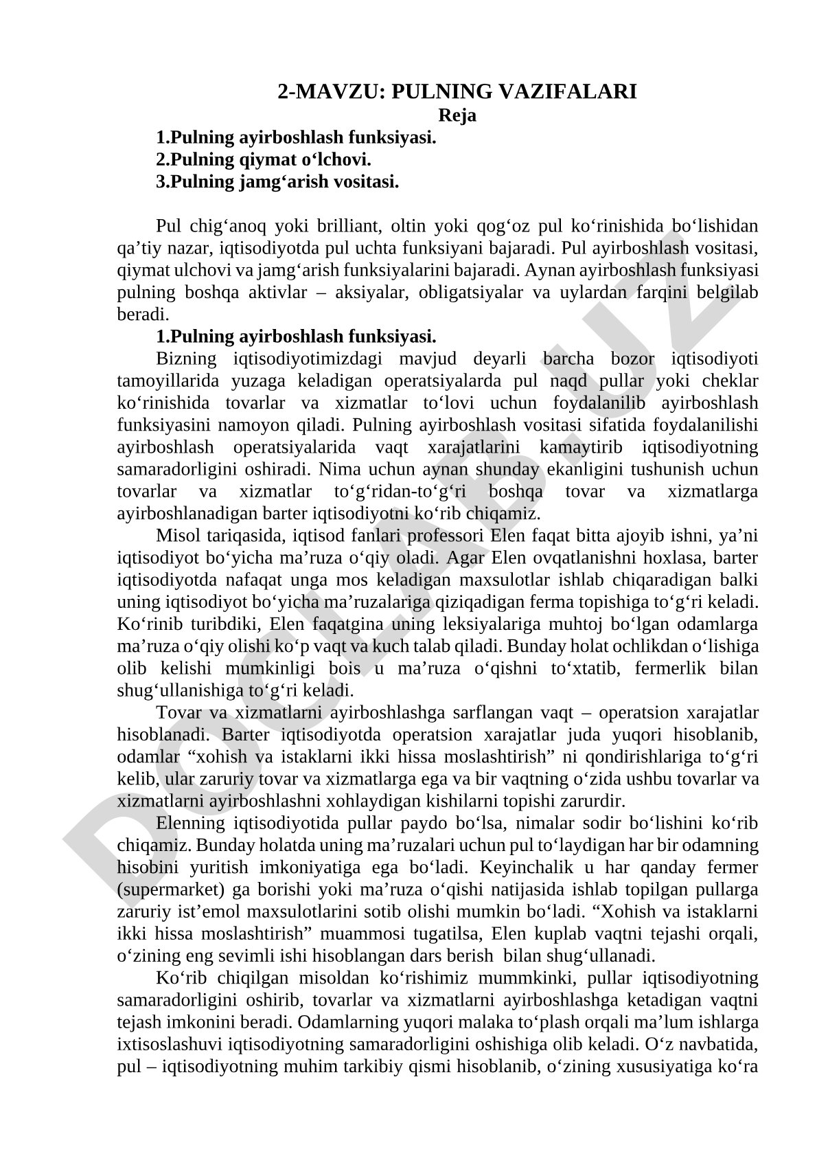 Pulning vazifalari