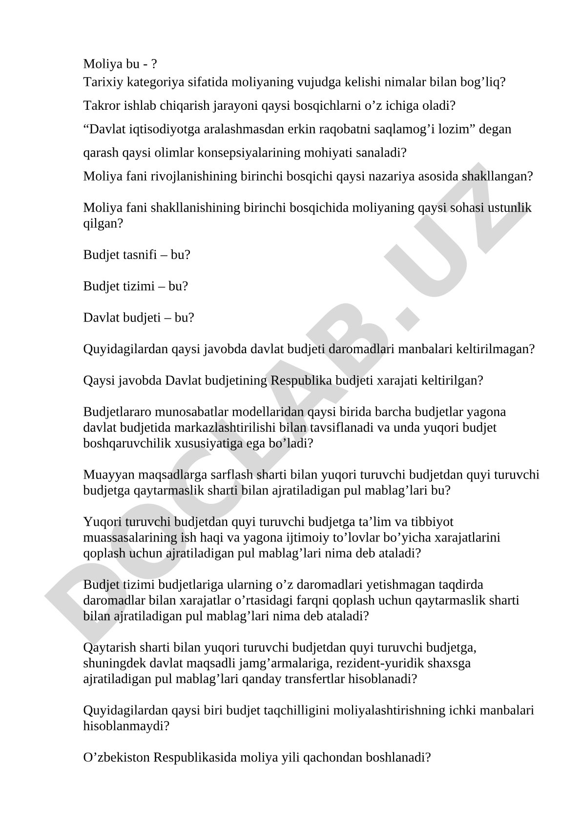 Moliya tarixi, davlat budjeti va budjetlararo munosabatlar savollari