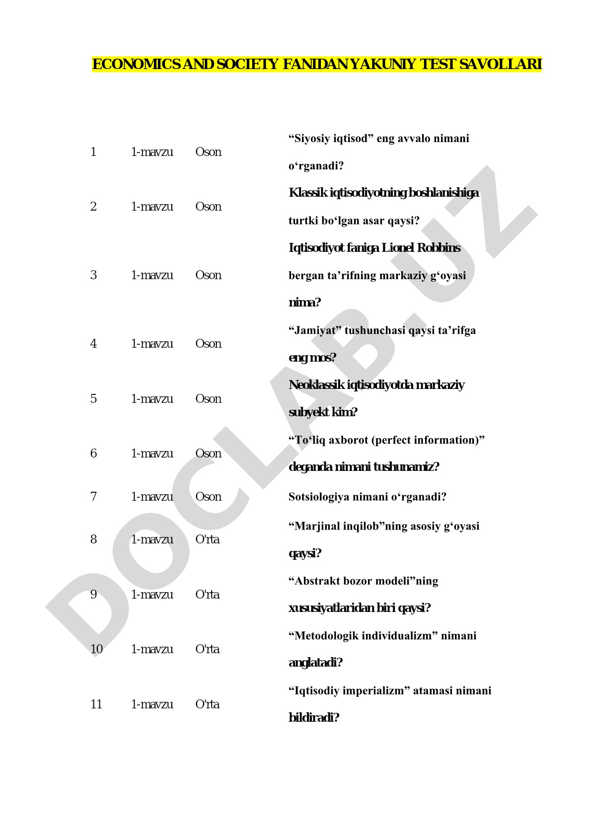 Economics and Society fanidan yakuniy test savollari