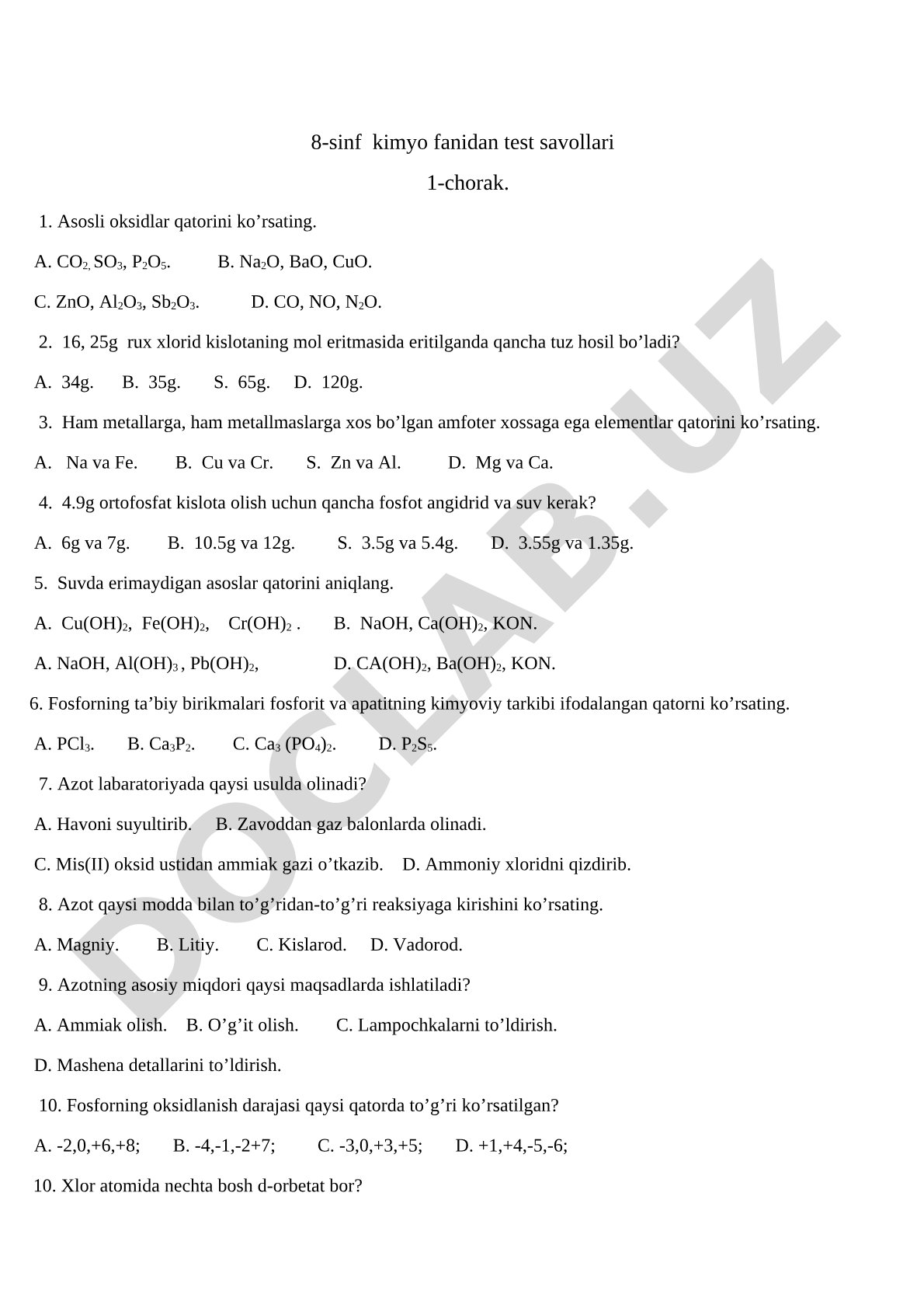 8-sinf kimyo fanidan test savollari 1-chorak