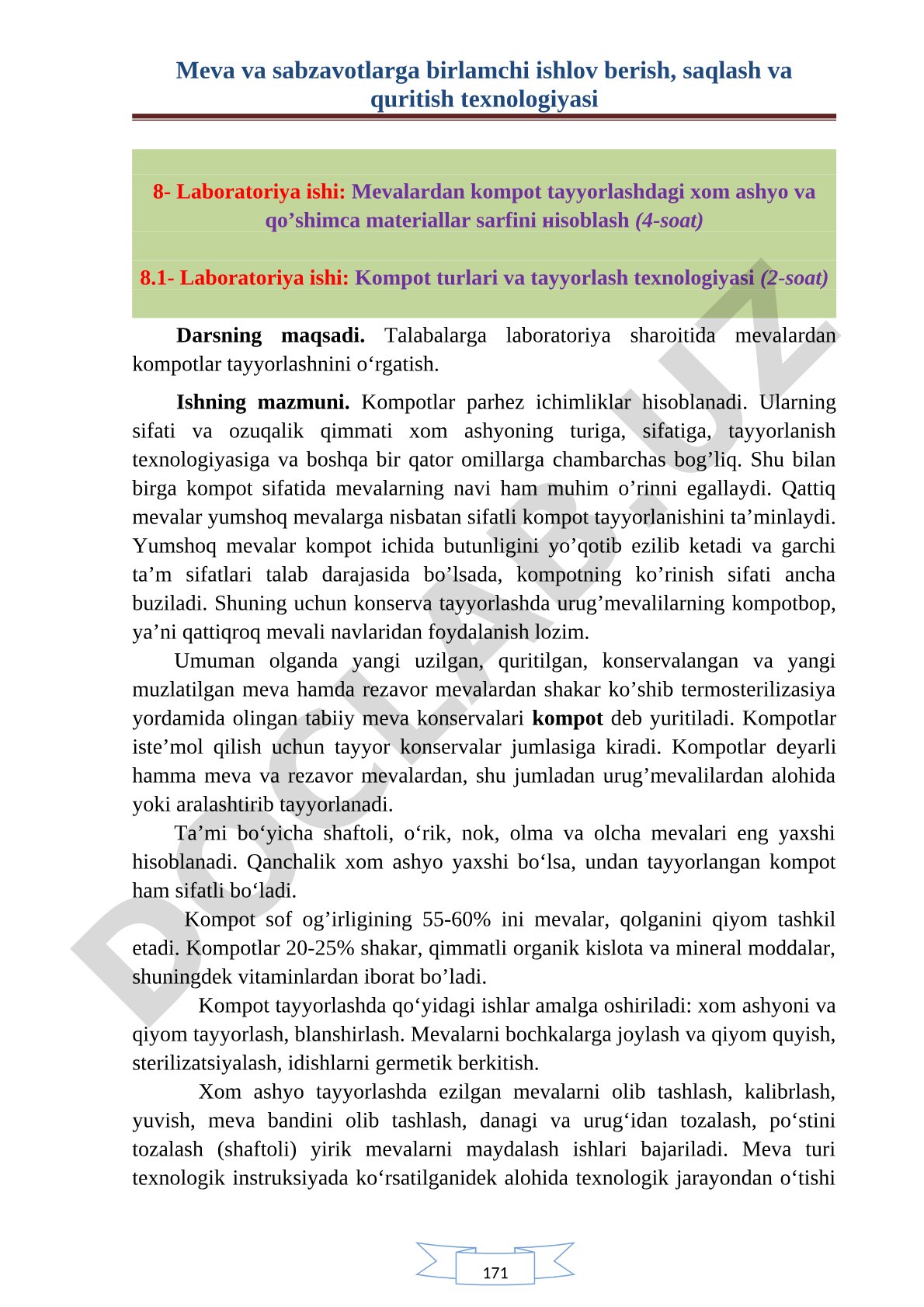Mevalardan kompot tayyorlash texnologiyasi va xom ashyo sarfini hisoblash