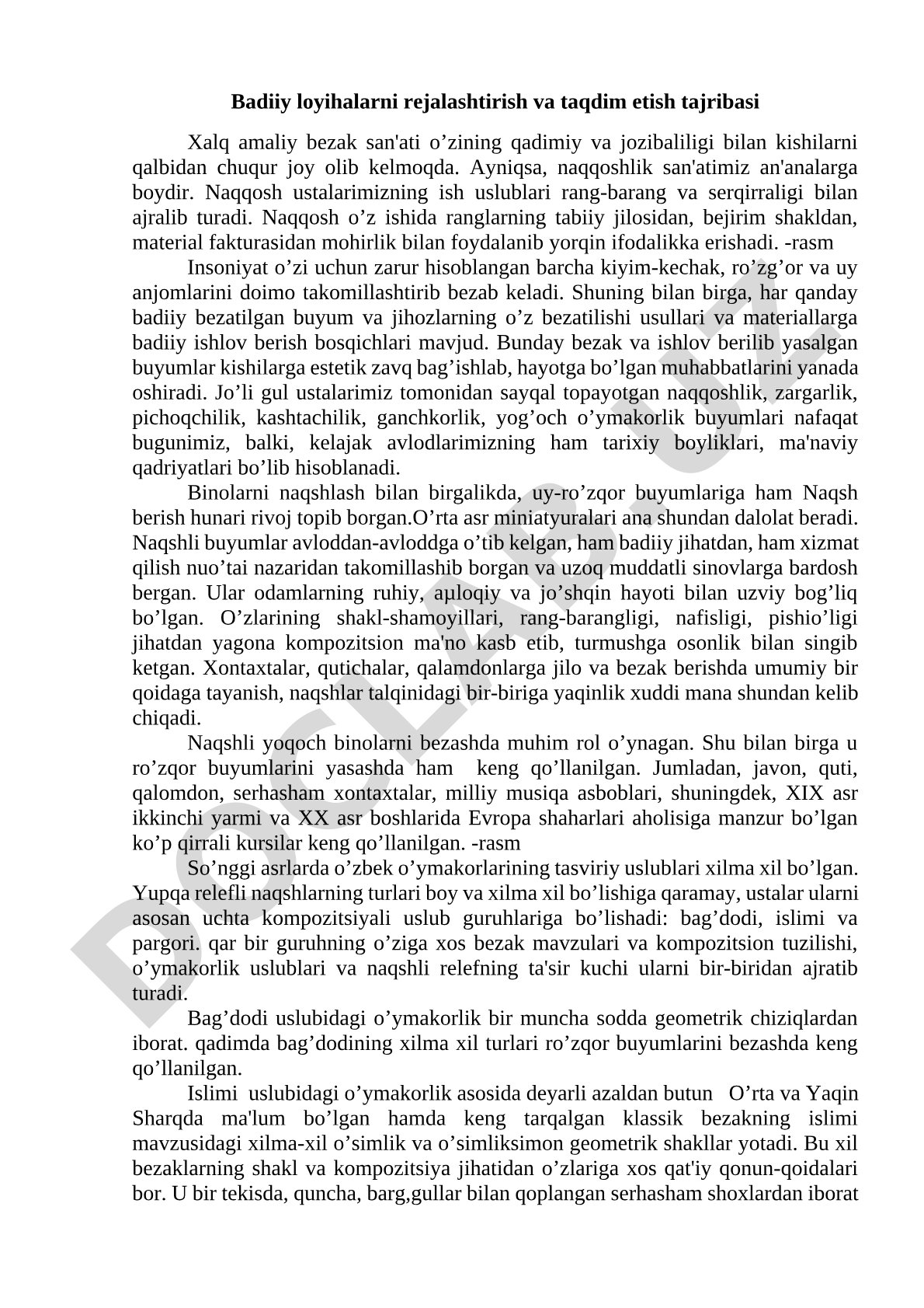 Badiiy loyihalarni rejalashtirish va taqdim etish tajribasi