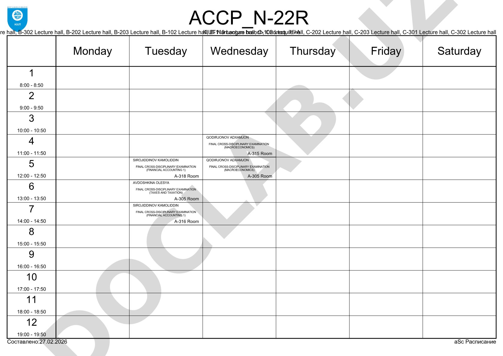 Final Cross-Disciplinary Examination Timetable