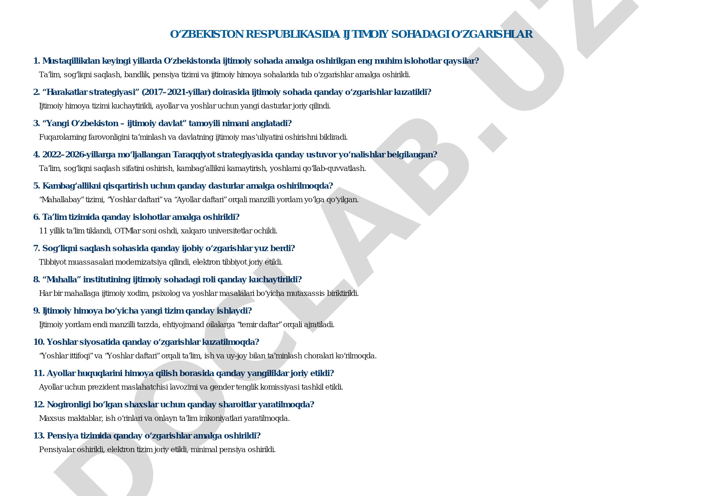 O‘zbekiston Respublikasida ijtimoiy sohadagi o‘zgarishlar